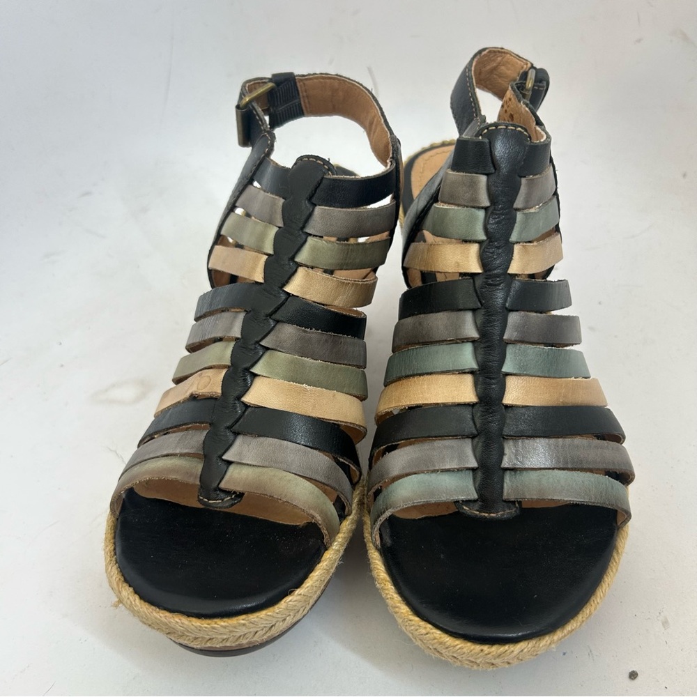 PIKOLONOS Leather Multi-Strap Wedge Sandals 40 us 9 Black Mixed Neutral - Picture 2 of 9